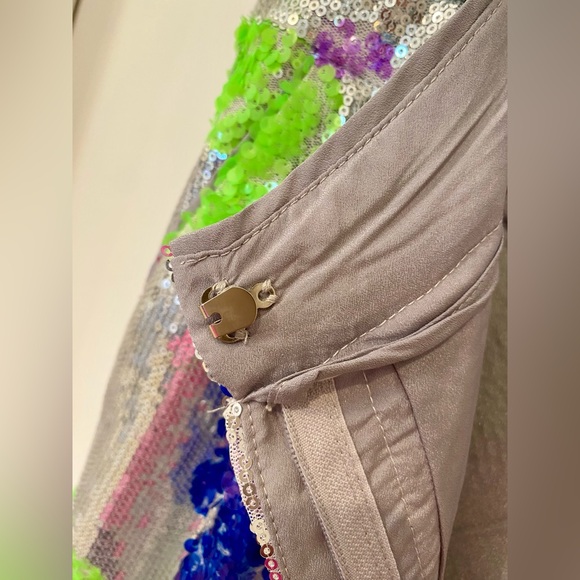 Nasty Gal Size 10 silver sequin w purple green and blue sequin flower pants. - Picture 8 of 14